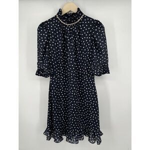 SANDRO Paris Blue Polka Dot Dress SIze 10 FR 42 Short Sleeve Sheer Lined Elegant